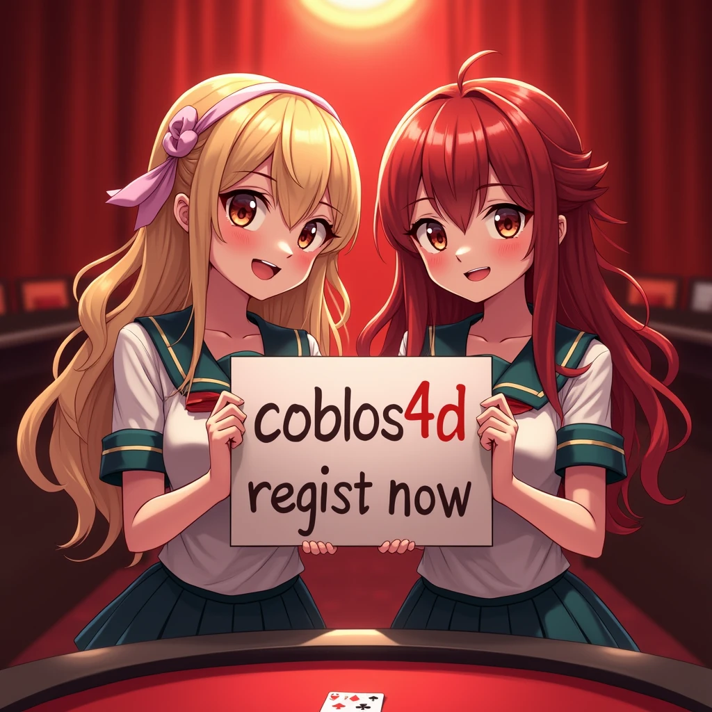 two beautiful women wearing high school uniform indonesian holding up a sign "coblos4d regist now", text fit with sign, teasing smile, happy, photorealistic, red casino background, big breast, cleavage, standing behind poker table, asian girls,white skin, blonde, wave hair, red hair, real anime cartoon,