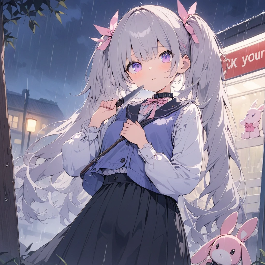 (((anime))) In front of the bus stopに立っている1人の女性,Woman is looking upwards,Holding a knife,Trying to stab my own throat (Grey Hair),Twin tails,Jump outside,Attach feathers to the base (Purple eyes), White dress shirt,has a collar,Navy blue vest,Light pink ribbon,White Line,Black long skirt in the rain,In front of the bus stop,Stuffed rabbit,Tattered,night,star masterpiece,Highest quality,Exquisite,8k,Absurd,Ultra-fine illustrations,(View your viewers)
