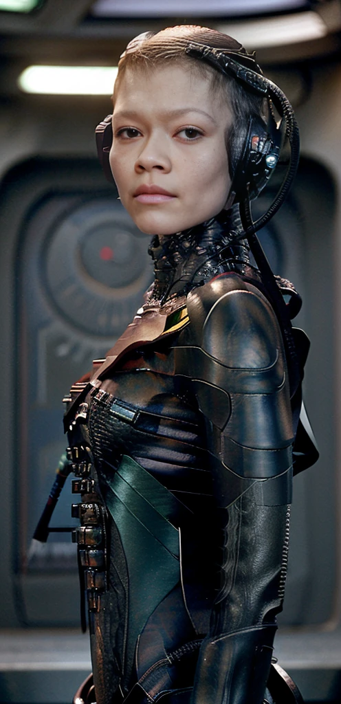 Borg Drone zendaya realistic, 1girl, best quality, dynamic lighting, highly detailed, 8k, science fiction, looking at viewer, pale skin