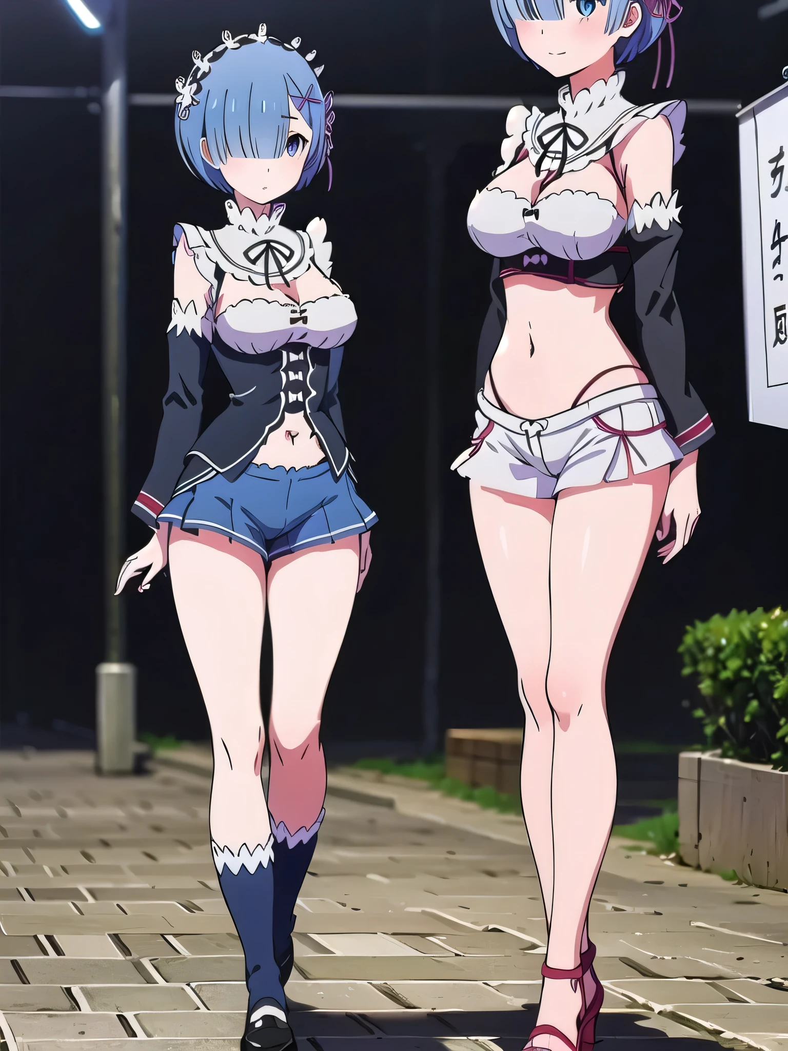 all realistic intricate details, masterpiece, best quality, highres, rem1, 1girl, solo, rem \(re:zero\), blue hair, short hair, red eyes, hair over one eye, ribbon trim, hair ribbon, x hair ornament, frills, crop top white, denim shorts,medium breasts, cleavage, sedection pose , hair flower, outdoor, standing, smile, perfect background, perfect light