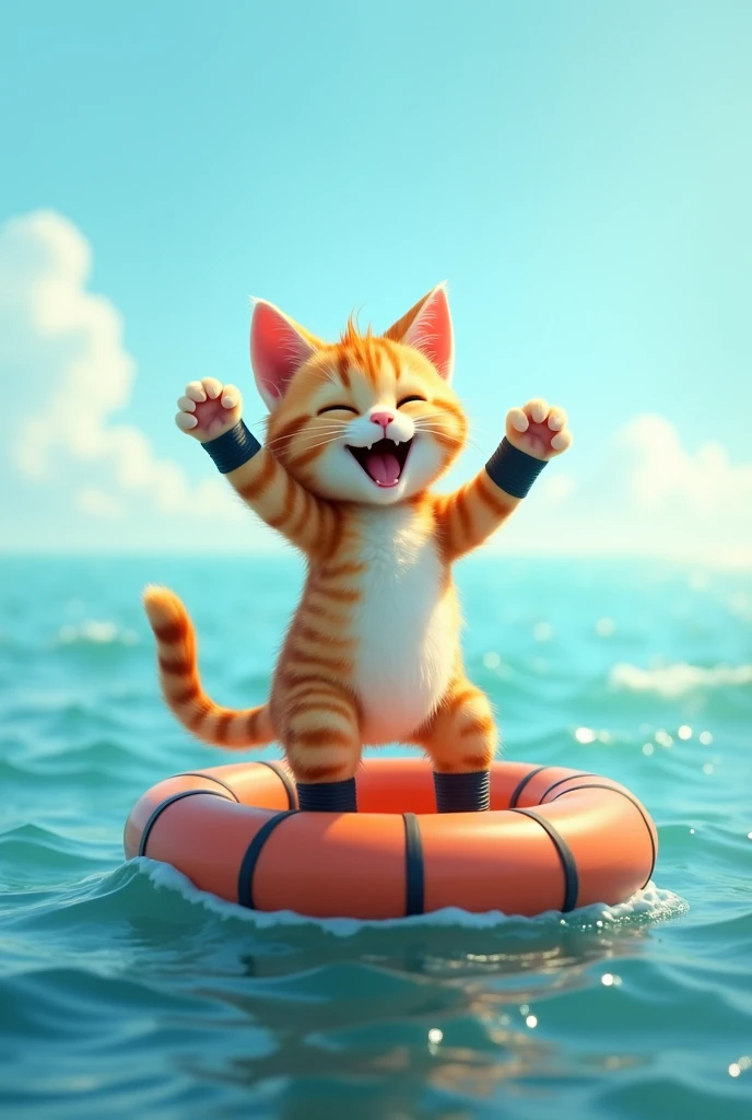 Rubber boat on the sea。A cute cat is standing and dancing。
hand、feet、Black duct tape wrapped around the body。
