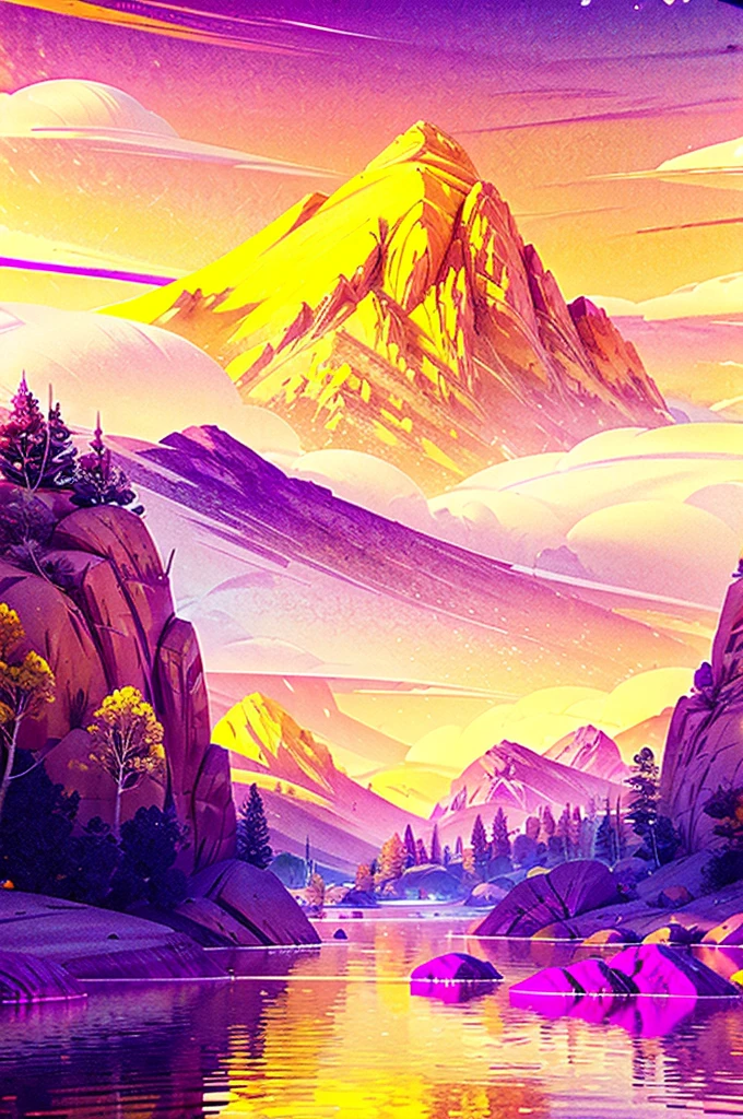 Orange sky, yellow clouds, purple mountains, pink mountains, prominent lake, magenta color water, floating islands in the sky, floating rocks, vibrant colors, defined lines, surreal, masterpiece, deserves to be in a museum