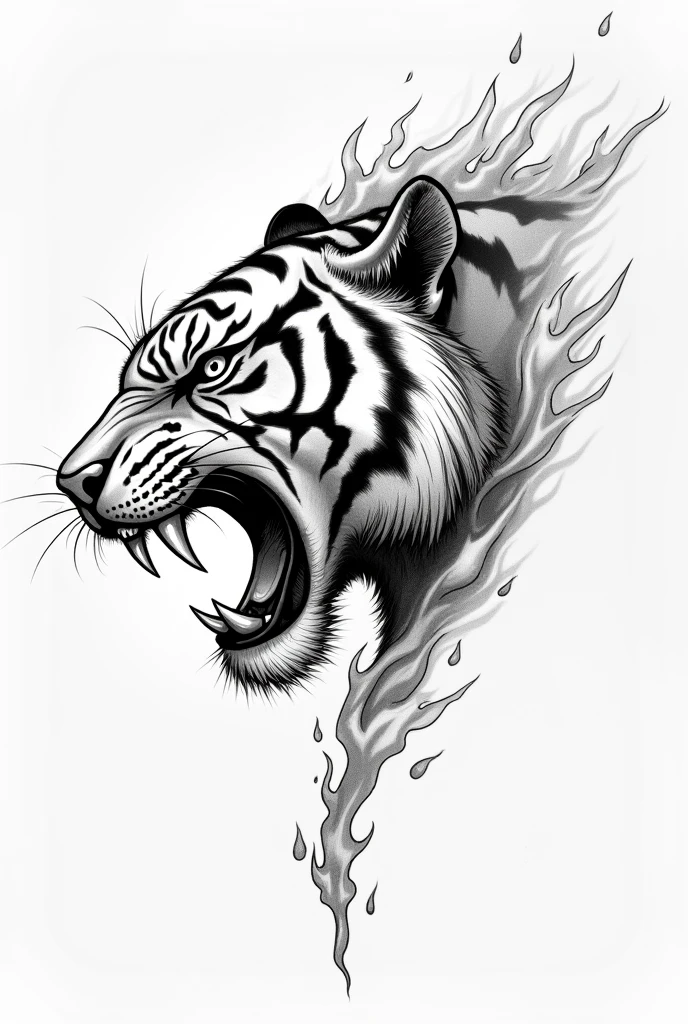 A manga-style pencil tattoo of a tiger's head in profile with its mouth open and small flames below.