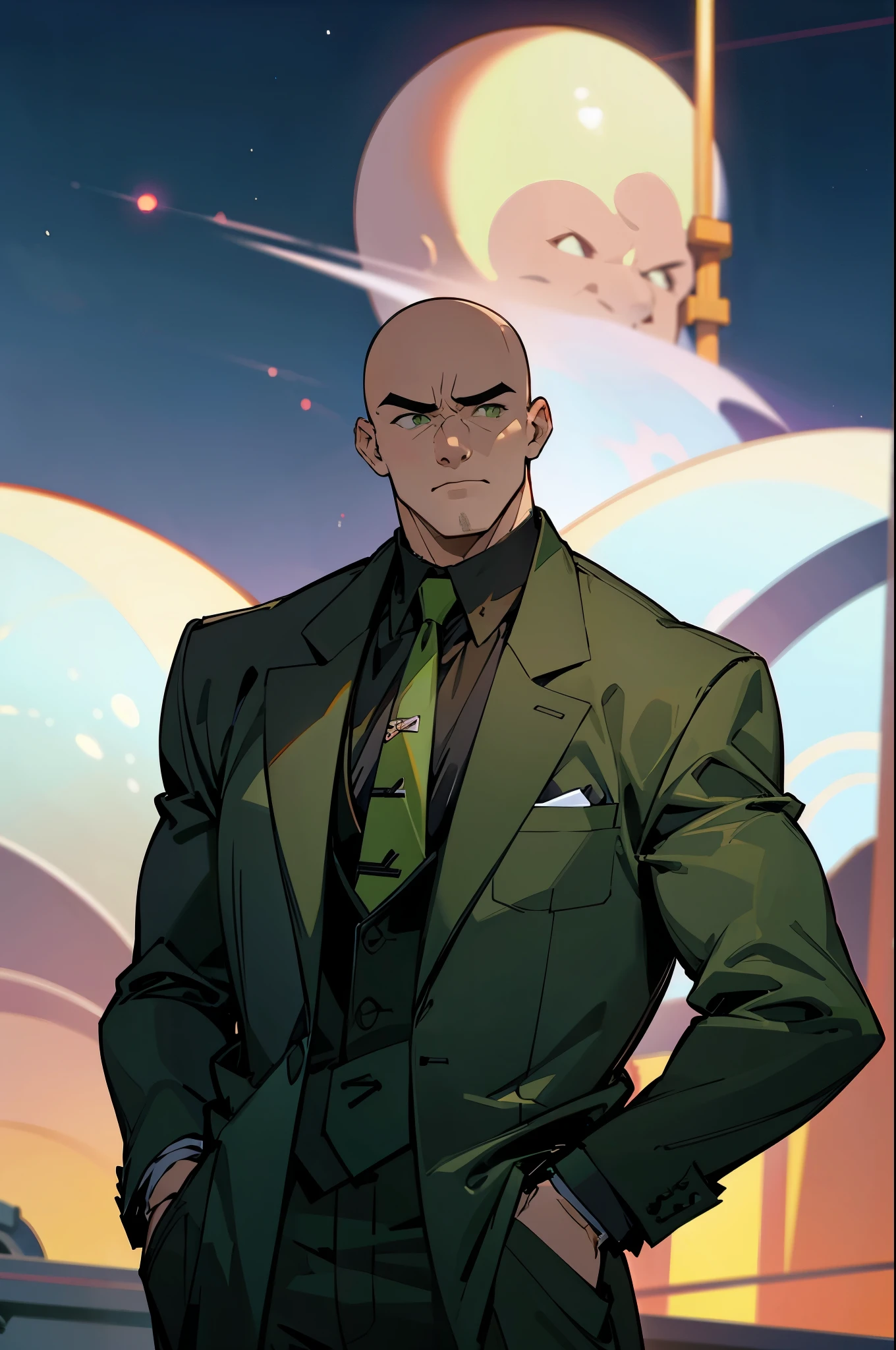 1 man, solo, upper body shot, Lex Luthor, middle-aged man, bald head, square jawline, lean muscle, broad shoulder, emotionless face, bald head, no hair, wearing a black suit, bright green tie, black dresshirt, city in the background, dusk, view from behind the back, side face, turn head, green eyes, moon light, arms in pockets