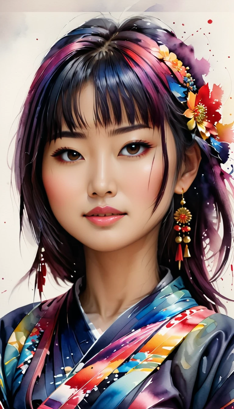 abstract Japanese woman drawing with bright colors of brushstrokes, Watercolor, trending on artstation, sharp focus, studio photo, intricate details, highly detailed, by greg rutkowski,kodew