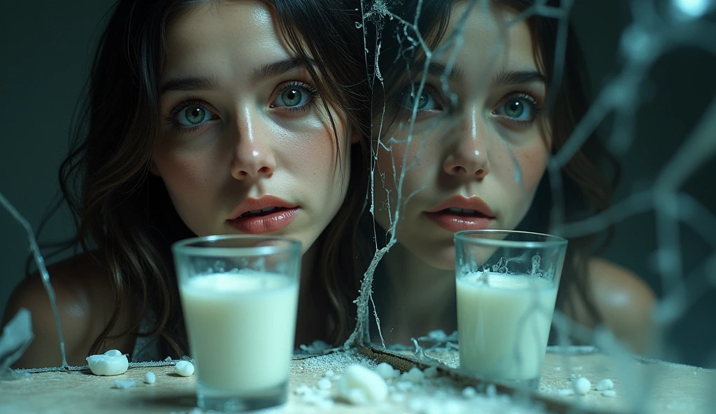 A broken mirror with two different reflections of the same young woman. One of the reflections is smiling, while the other shows a terrified expression. A glass of contaminated milk breaks the balance between the two images. atmosphere of fear and horror