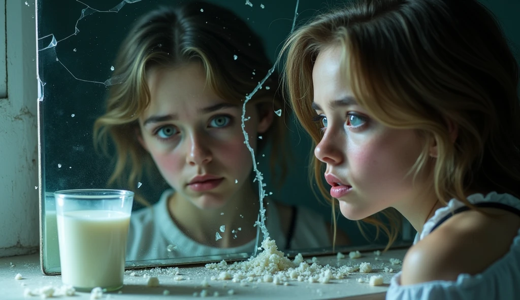 A broken mirror with two different reflections of the same young woman. One of the reflections is smiling, while the other shows a terrified expression. A glass of contaminated milk breaks the balance between the two images. atmosphere of fear and horror