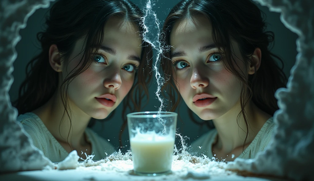 A broken mirror with two different reflections of the same young woman. One of the reflections is smiling, while the other shows a terrified expression. A glass of contaminated milk breaks the balance between the two images. atmosphere of fear and horror