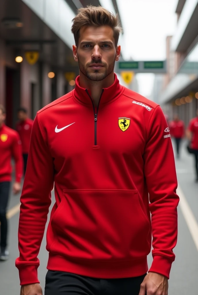 Design a Formula 1 sweatshirt with Ferrari's colors and brand, but show me different angles where I can see the garment very well.