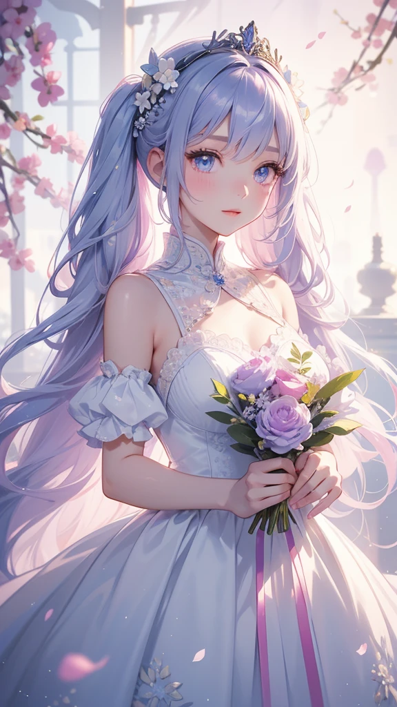 Create images based on super detailed prompts。Three anime style girls drawn、Beautifully detailed illustrations。Each character has animal ears.、It stands out with its unique color palette and personality.。The girls are close together、She has a bright smile and is holding a colorful bouquet of flowers.。The girl on the left has pink hair tied in twin tails.、In a soft pastel palette、It has large, expressive pink eyes.。She wears a delicate crown、She is wearing a frilly white dress with blue ribbons。The one in the middle has snow-white hair and bright blue eyes.、Also wearing a flower crown、She is wearing a dress with light blue accents。The one on the right has long black hair with purple highlights.、With deep purple eyes、She wears floral accessories to match her elegant dress.。The dress features black and white details。The background is bright、Soft pastel colored confetti falling、It creates a festive atmosphere。The overall aesthetic is bright、Cheerful、Dreamy and、The focus is on color harmony and the cute expressions of the characters.。