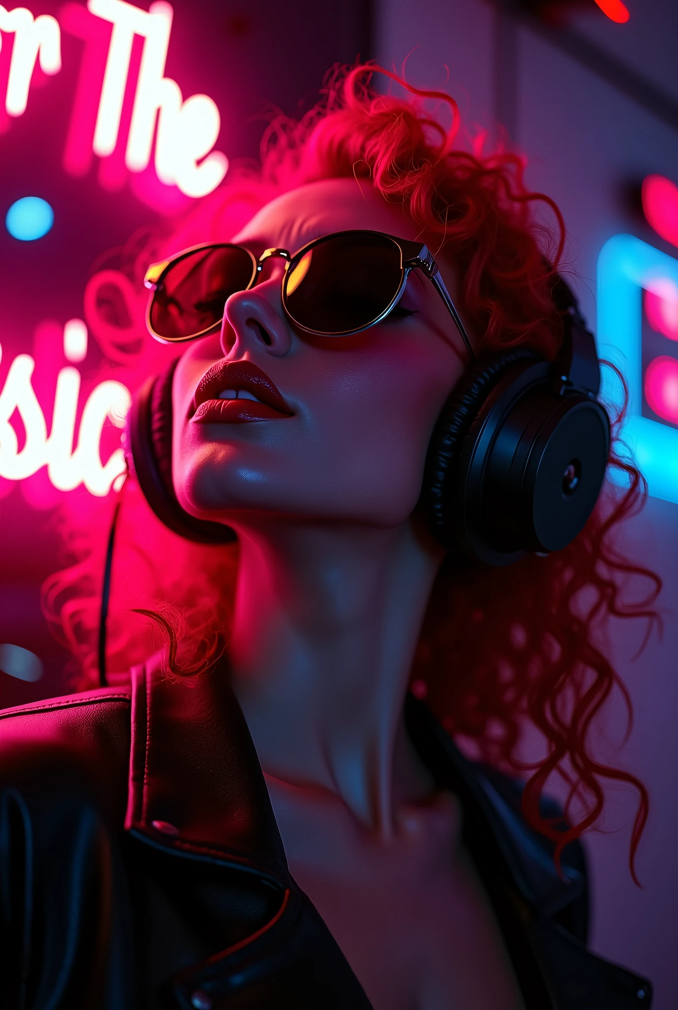bright red hair. beautiful woman with curly hair Volume and sunglasses in headphones - earphone surrounding dark room neon cyberpunk at night coordinator neon glow,In the room the sign glows and shimmers in neon light" For The Love of Music" realistic style, beautiful colors, Living picture, masterpiece, detailing