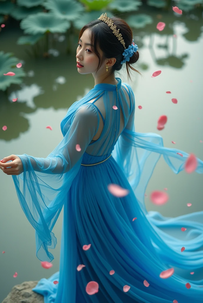 low angle shot on the water, fashion fairytale shot, high camera angle of beautiful Vietnamese girl inVietnamese girl wear blue aoyem, mung headband, gorgeous, sophisticated design, bold fashion, impressive figure, next to lotus pond scene, traditional dancing on the water, morning attracted lighting, magical shimmering atmosphere, flying petals, realistic details, extremely detailed, 8K, super realistic, dynamic pose, cinematic lighting, low vivid, cinematic color tone, super detailed skin, wind blown, falling petals, foggy, atmospher
