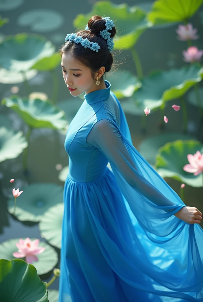 low angle shot on the water, fashion fairytale shot, high camera angle of beautiful Vietnamese girl inVietnamese girl wear blue aoyem, mung headband, gorgeous, sophisticated design, bold fashion, impressive figure, next to lotus pond scene, traditional dancing on the water, morning attracted lighting, magical shimmering atmosphere, flying petals, realistic details, extremely detailed, 8K, super realistic, dynamic pose, cinematic lighting, low vivid, cinematic color tone, super detailed skin, wind blown, falling petals, foggy, atmospher