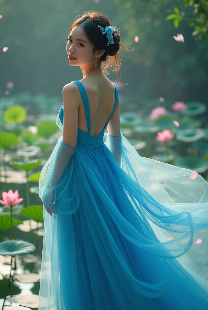 low angle shot on the water, fashion fairytale shot, high camera angle of beautiful Vietnamese girl inVietnamese girl wear blue aoyem, mung headband, gorgeous, sophisticated design, bold fashion, impressive figure, next to lotus pond scene, traditional dancing on the water, morning attracted lighting, magical shimmering atmosphere, flying petals, realistic details, extremely detailed, 8K, super realistic, dynamic pose, cinematic lighting, low vivid, cinematic color tone, super detailed skin, wind blown, falling petals, foggy, atmospher