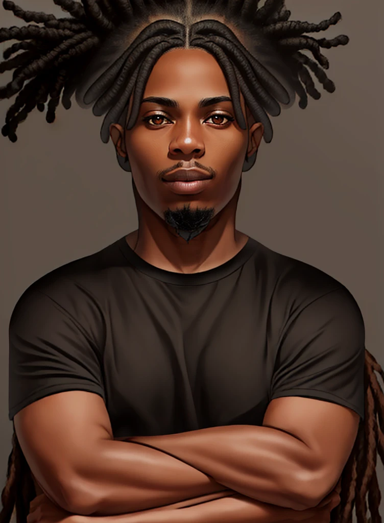 1 chico, alone, male, black fur, hazel eyes, Dark skin, hair with dreadlocks, Crossed arms, black shirt,
