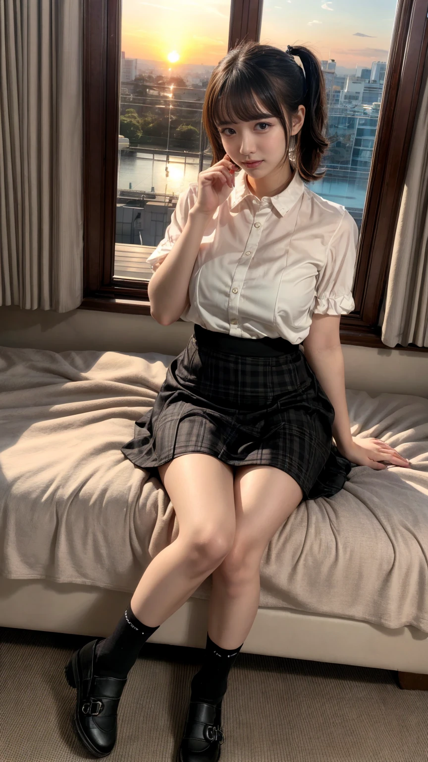 masterpiece, best quality, illustration, Super detailed, fine details, High resolution, 8K,wall paper, perfect dynamic composition,(Details High quality, realistic depiction of eyes:1.3), short hair, (wavy hair:1.2), (Ruffled shirt、)(Checked mini skirt、red、black、), pony tail hair, huge breasts, black hair color, Big Natural Color Lip, bold sexy pose, crying a little、little smile, Harajuku style、20 year old girl、cute type、lolita、beautiful legs, hotel room, full body photo、focus on crotch, hposing Gravure Idol, Sexy shot looking at camera, Sunset, by the window, Summer, knee sox, make up, Curve