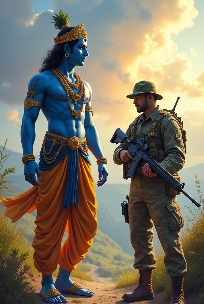 Lord krishna and army man with raifal 
