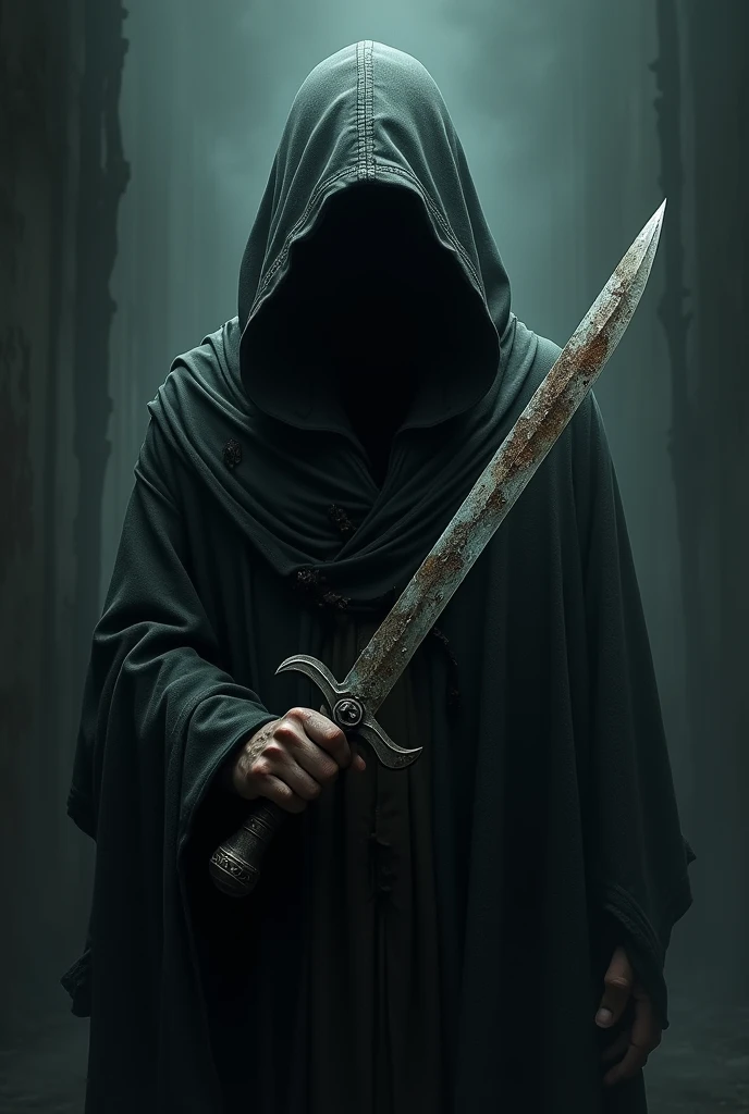Create an image of a hooded figure, and a dagger with its rusty and nicked blade, but it has to be really scary and dark
