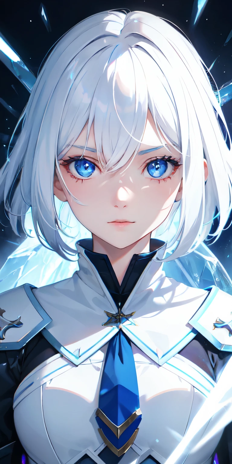 1 girl, White hair, shining blue eyes, ice witch, bloodstains, blue light particles, lightrays, wall-paper, hight contrast, colorfully,