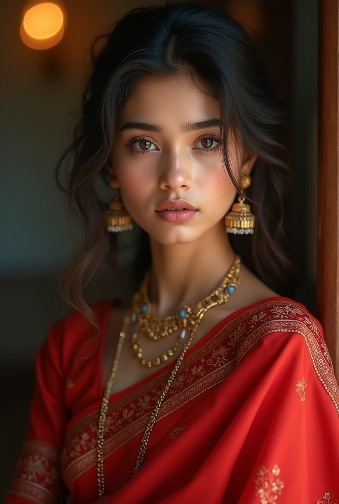 A girl with beautiful eyes and waring red saree