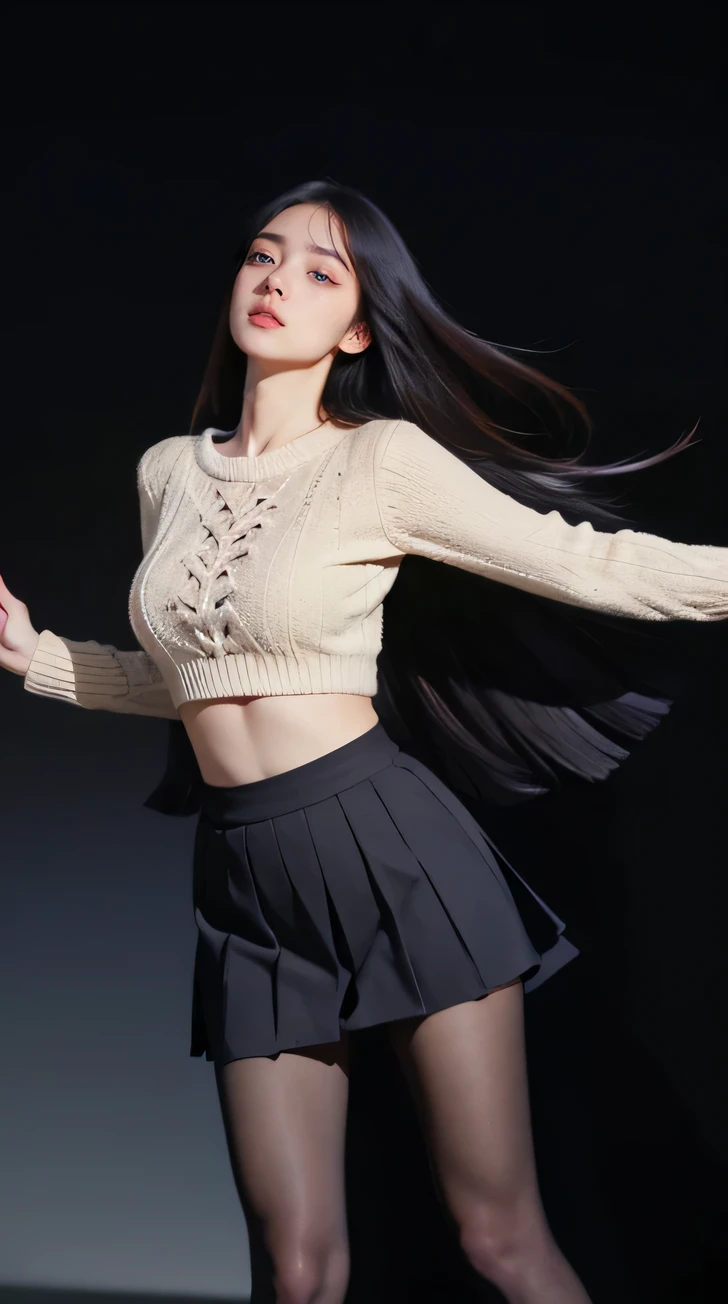 Best quality, masterpiece, ultra high res, raw photo, beautiful and aesthetic,deep shadow, dark theme,(photorealistic:1.4),
1girl, pantyhose, white pleated skirt, woolen sweater, slim body, fit,
Graceful poise, evocative atmosphere, magnetic presence, refined seduction, captivating mystique,
Intricate zentangle patterns, a single female figure, astonishing level of detail, generously endowed, full-body composition, striking perspective, a chaotic masterpiece, gracefully poised, inspired by brutalist architecture, vibrant color palette, undertones,