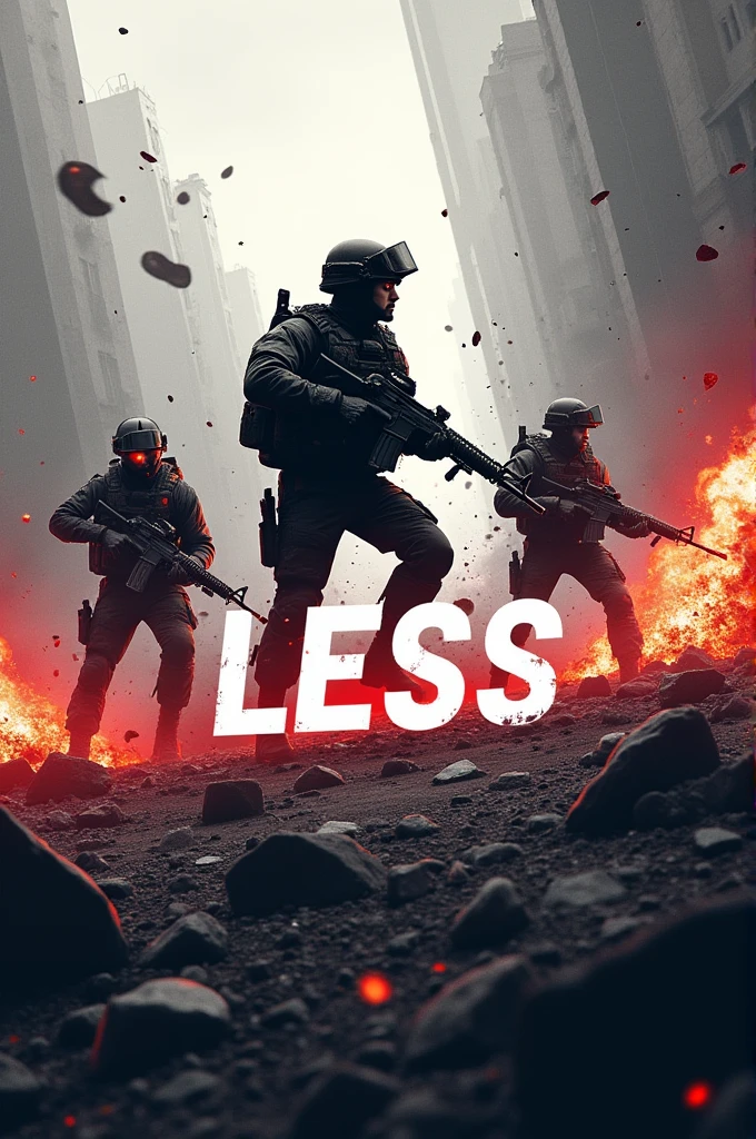 I want a war game image with the name less in the center and with bright colors like, blackw, gray and white.