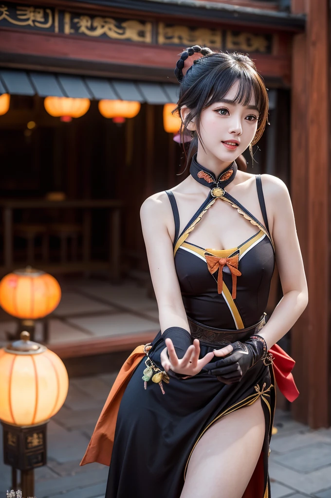 masterpiece, top quality, high detailed, detailed face, bright Eyes, exterior, blurred background, dynamic poses, dynamic angle, (from the front),standing, (small breasts),(neckline),(see through dress),(Thinking in the future:1.5), xianglingdef, happy, Laugh, hot and spicy, happy, In an old traditional Chinese restaurant.