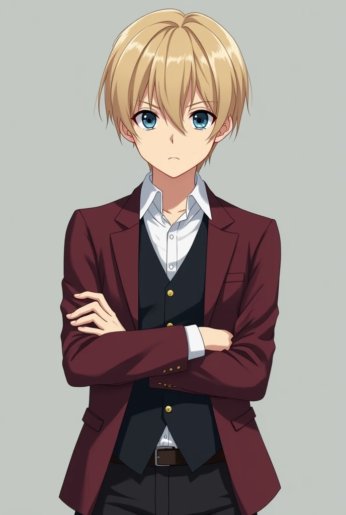 More mature anime style image. A gray background image. A teenager with crossed arms and a serious expression. His blond hair was neat, his eyes were dark blue. He wore school clothes, a white dress shirt without a tie, a black vest and a dark red blazer, and black pants.
