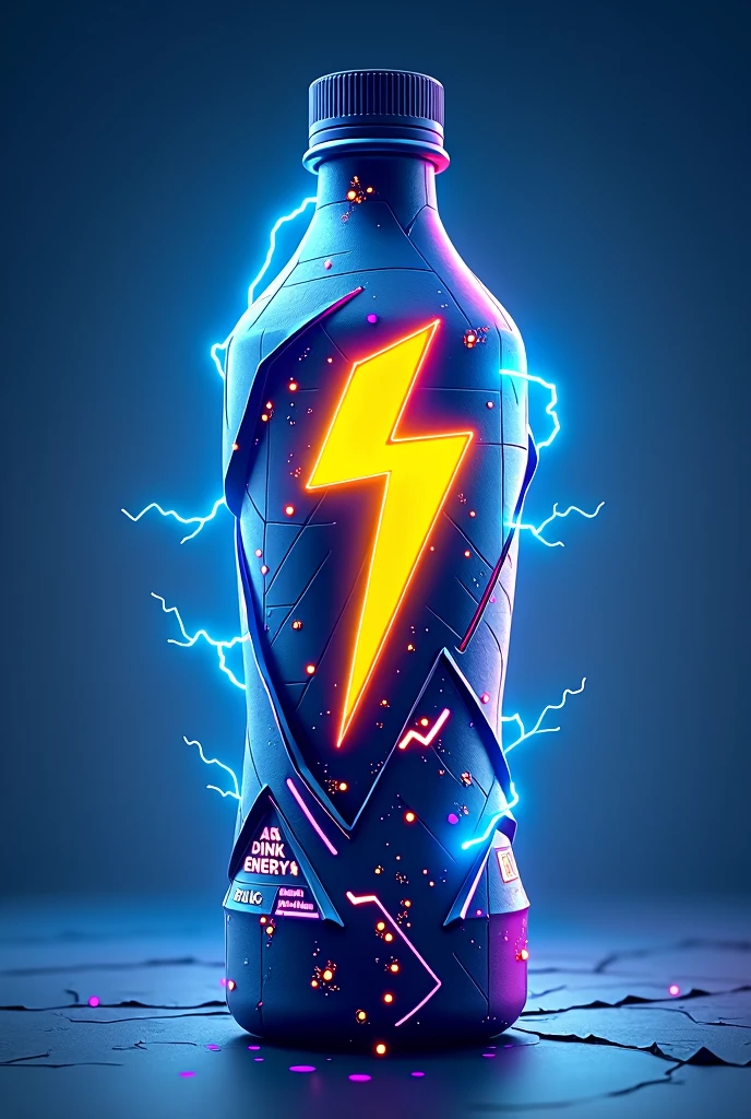 Let's imagine,An energy drink bottle designed for video game worlds like Fortnite. The bottle is elongated in shape,Angular and angular, Futuristic silhouette, Equipment reminiscent of game characters. The main color of the bottle is a vibrant electric blue, Neon decoration with and purple. The design features a dynamic geometric pattern, Inspired by the cyberpunk aesthetic, With lightning and number symbols,Reminiscent of energy and speed. The texture of the bottle is metallic,Slightly glossy effect, Highlights the high-tech appearance. The bottle cap is spiral shaped,With deep groove,Easy to grip, Also blue,With details. at last, The drink logo is, A stylized lightning bolt, Place in the center of the bottle, radiating energy.