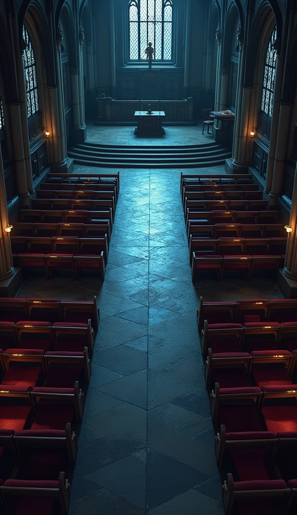 vampire the masquerade, map rpg, ((Map of the interior of a church, with several empty church chairs.)), game art, birdseye straight top-down shot from a drone, battlemap, current modern theme, seen from above, role-playing game, empty location, nighttime environment, (with realistic proportions and textures, intricate details, handdrawn, vibrant, cinematic lighting, masterpiece, 8k:1.2)