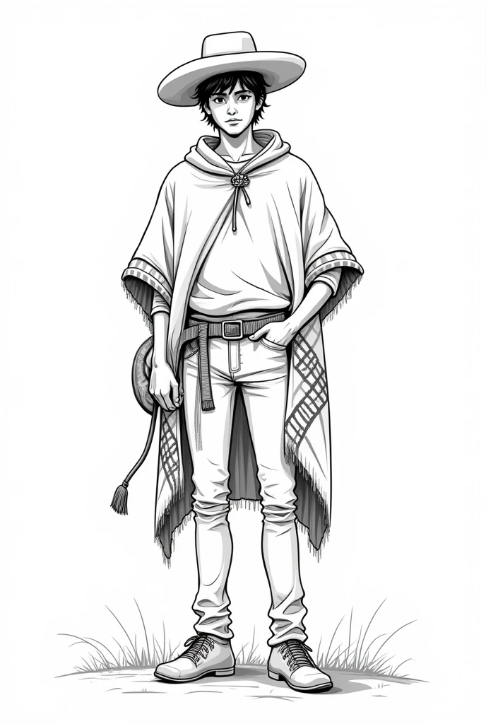Anime-style, young gaucho, 30 years old, trigueño, wearing a Gaucho beret and a modernized Argentine poncho with guarda pampa patterns. Vectorized style, black and white colorized, no fill, no shadows. Detailed line art, clean lines, high resolution, consistent character design.