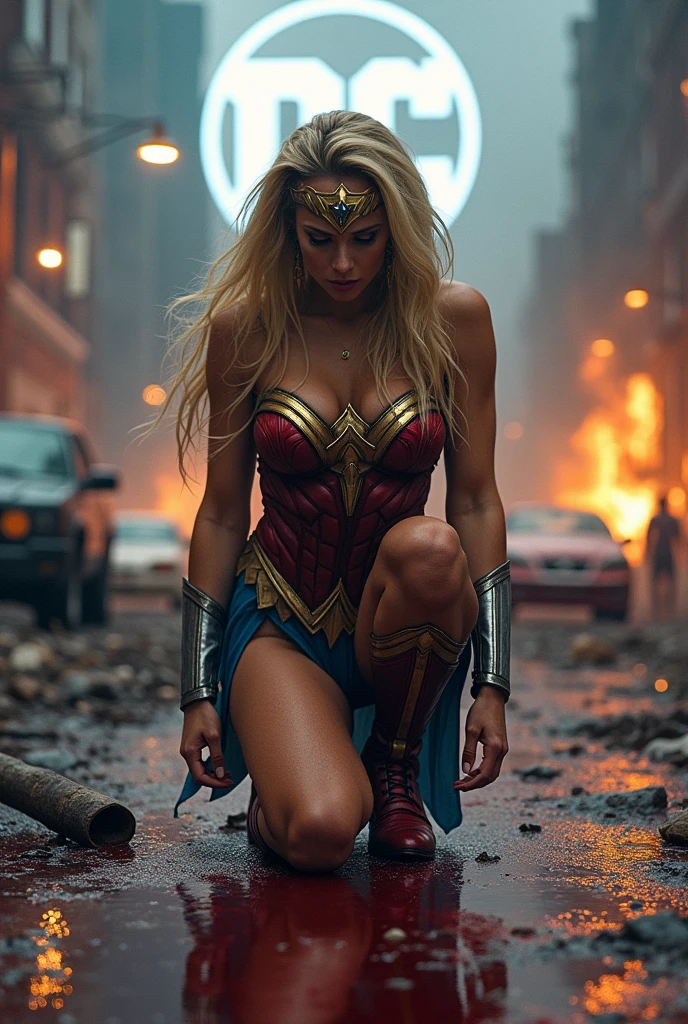 (((Una hermosa mujer con an extensive head of blonde hair ))),Adriana Lima wearing (((A blue and red leather Wonder Woman jumpsuit))) Silver bracelets, red boots with gold trim up to her knees in leather, this beautiful woman is on her knees screaming exhausted after an extensive battle in a rainy apocalyptic city, cars and buildings on fire ((((an extensive head of blonde hair)))) reflection of her in her blood blonde hair DC universe logo Fluorescent background(((una hermosa mujer con an extensive head of blonde hair Diaema Wonder Woman en su frente