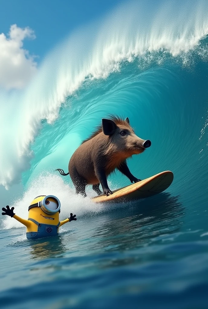 Un sanglier qui surf une vague enorme comme a Hawaï sur une vraie planche de surf façons carton d 'un point de vue de côté mais avec un minion au premiers plan tout devant de l'image qui nage et qui fait coucou