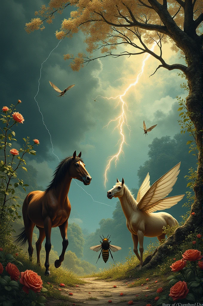 ### **2. representation of "death":**
- **Futile Efforts**: Draw animals trying to transform into others, like a horse with swallow wings or a bee with horse legs. These figures may be distorted or incomplete to reflect the futility of your efforts..
- **Cyclic Nature**: Incorporate natural elements such as a wilting rose or a tree with spiral branches, symbolizing the inevitable cycle of life and death.
- **Arrow or Lightning**: You could include a sharp arrow or a lightning bolt that runs through the scene., representing the inevitability of all-encompassing death.