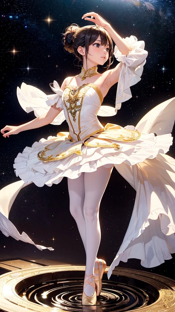 Absurd, High resolution, Super detailed、Panorama、Primaballerina_tutu、Ballerina doing an arabesque、Full Body Evian、Excellent anatomy、Realistically recreated poses、(((Extend one leg back for balance、腕を広げてuniverseを包み込む)))、She is wearing a swan-inspired tutu.、Pointe shoes、Standing on tiptoes、Beautiful pose、Ripples of light from beneath your feet.、Overall atmosphere、Light tones、Delicate texture、Beautiful and harmonious、Creating a fantastic space、Glitter、universe、planet、deep