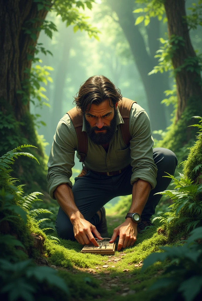 Man setting a mousetrap in the forest