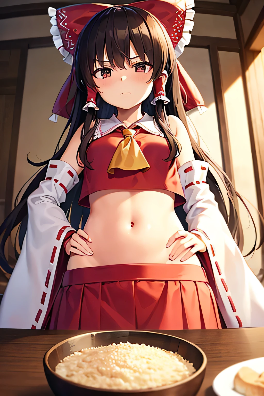 super fine illustration, vibrant colors, masterpiece, sharp focus, best quality, depth of field, cinematic lighting, ultra detailed, belly button, bellybutton, navel, tummy, shrine maiden, hakurei reimu, 1girl, hair bow, ascot, hair tubes, detached sleeves, looking down, red shirt, red skirt, very long hair, curly hair, dark brown hair, mature woman, hakurei reimu, 1girl, hair bow, ascot, hair tubes, miko, detached sleeves, Reimu Hakurei, leaning back, hand on own stomach, annoyed, indoors, wide hips, food on table, rice, bowl