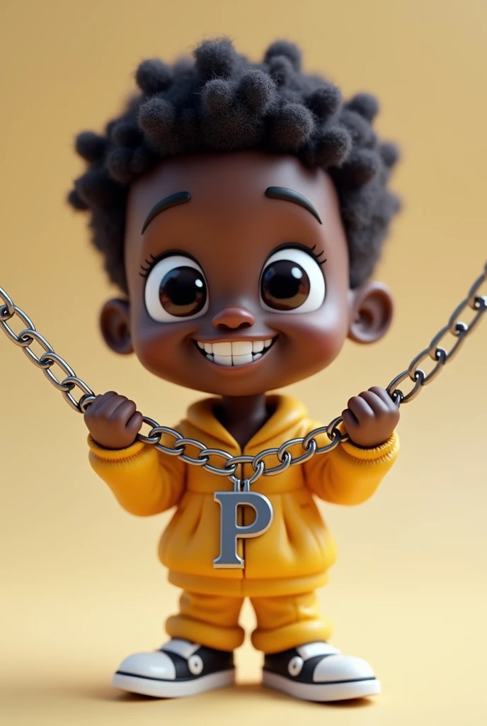 art 3d cartoon mini black man showing his chain with the P pendant to the camera, with the fisheye effect