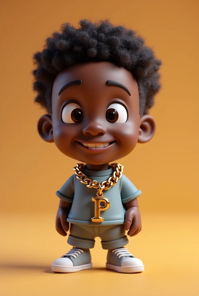art 3d cartoon mini black man showing his chain with the P pendant to the camera, with the fisheye effect