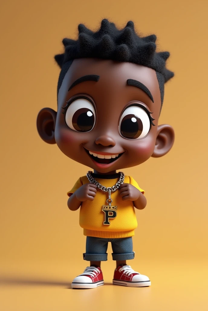 art 3d cartoon mini black man showing his chain with the P pendant to the camera, with the fisheye effect