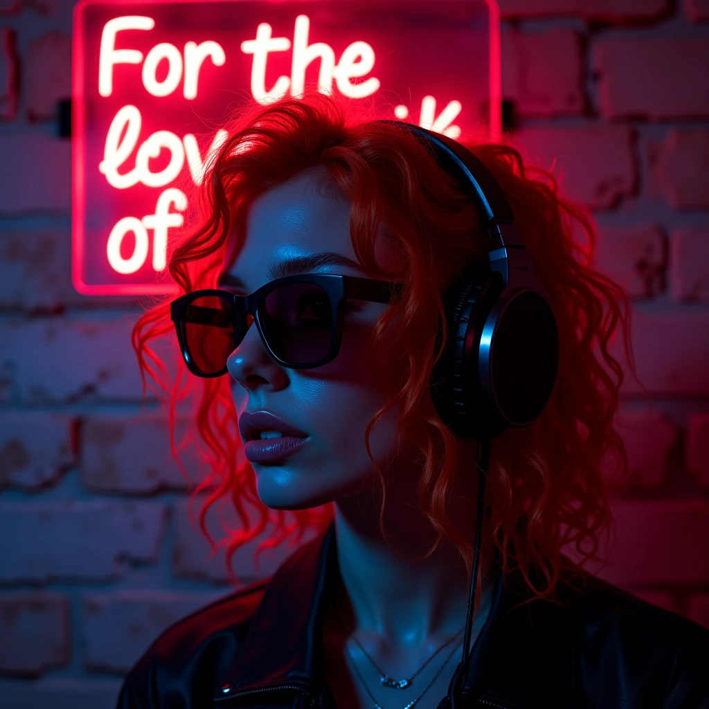 bright red hair. beautiful woman with curly hair Volume and sunglasses in headphones - earphone surrounding dark room neon cyberpunk at night coordinator neon glow,In the room the sign glows and shimmers in neon light" For The Love of Music" realistic style, beautiful colors, Living picture, masterpiece, detailing