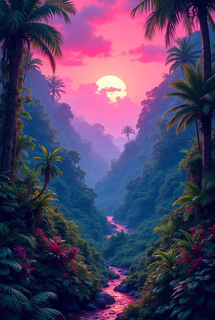 Create an image of the Amazon with emphasis on the ground Add a sky in neon pink