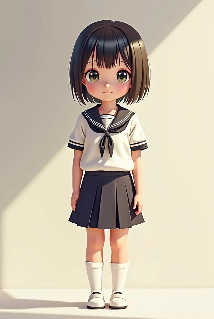 A cute  girl with short hair and short stature wearing a uniform。I can see the bulge in my chest。