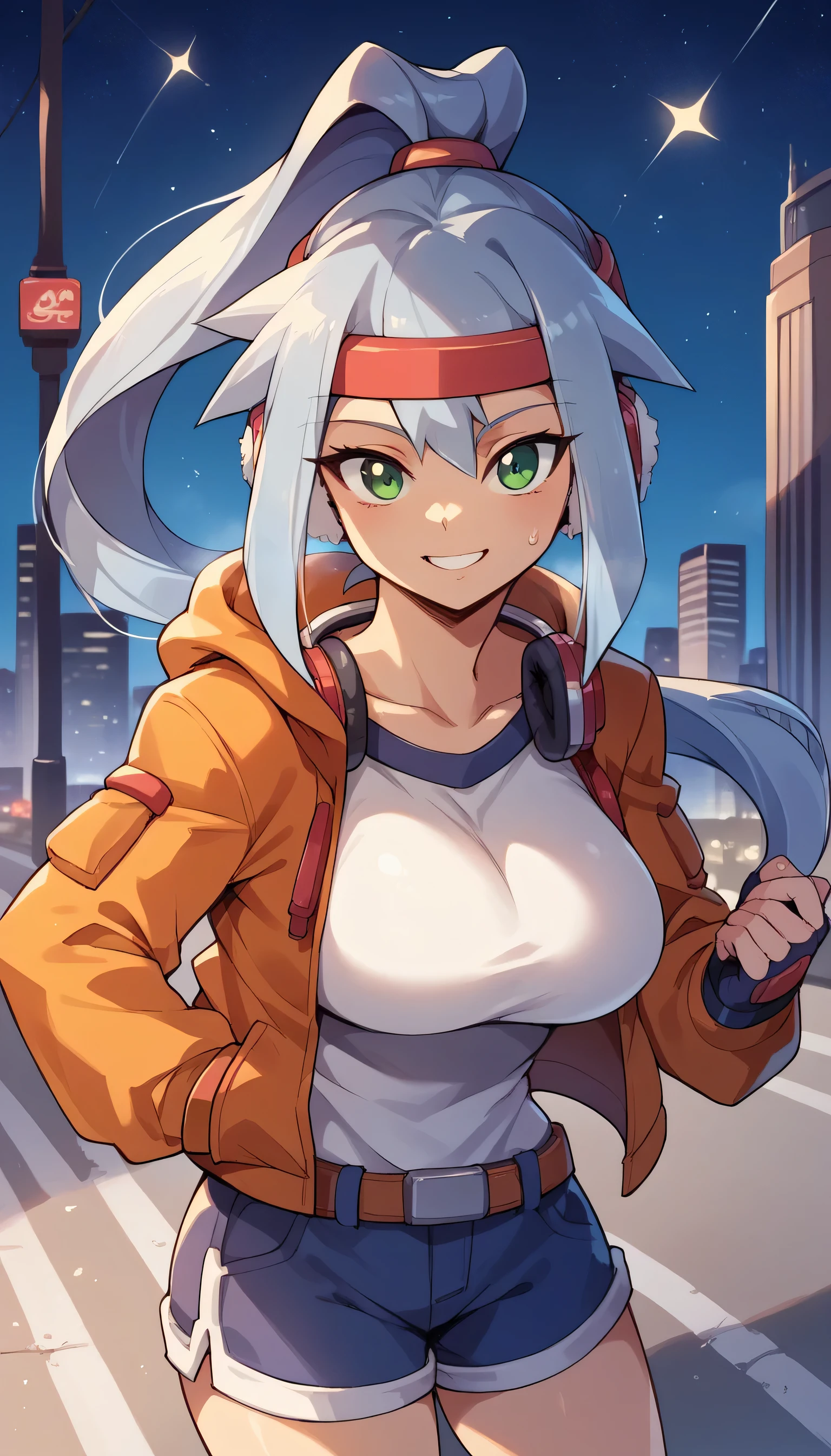 headphones, city, building, skyscraper, cityscape, earmuffs, night, 1girls, female focus, star \(sky\), solo, shoes,  street, city lights, outdoors, sky, hoodie, shorts, starry sky, night sky, sneakers, skyline, hood, road, tower,Looking at the viewer,large breast,breasts, 1girl, breast, solo, smile, sweat, collarbone, upper body, large breasts, close-up,Ashe(megamanzxa),silver hair,green eyes,high ponytail,headband
