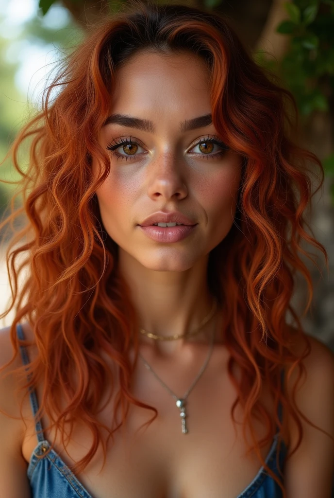 A white Brazilian woman with her hair dyed a natural dark copper red, very long and very curly, not voluminous, rosto angelical, chubby and oval face, very beautiful, eyes browns, small and round mouth, slightly large cheeks, round eyes, big eyelashes, small and cute nose, round chin, wears well-defined eyeliner, a Carlos Marighella t-shirt and a denim skirt.