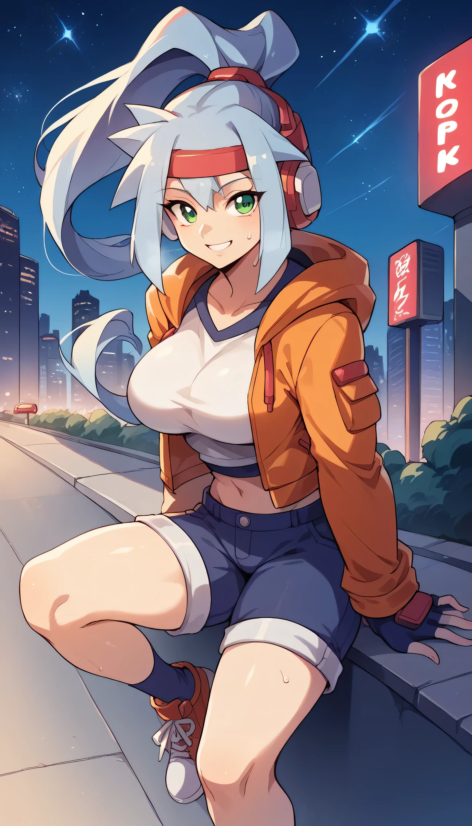 headphones, city, building, skyscraper, cityscape, earmuffs, night, 1girls, female focus, star \(sky\), solo, shoes, street, city lights, outdoors, sky, hoodie, shorts, starry sky, night sky, sneakers, skyline, hood, road, tower,Looking at the viewer,large breast,breasts, 1girl, breast, solo, smile, sweat, collarbone, upper body, large breasts, close-up,Ashe(megamanzxa),silver hair,green eyes,high ponytail,headband
