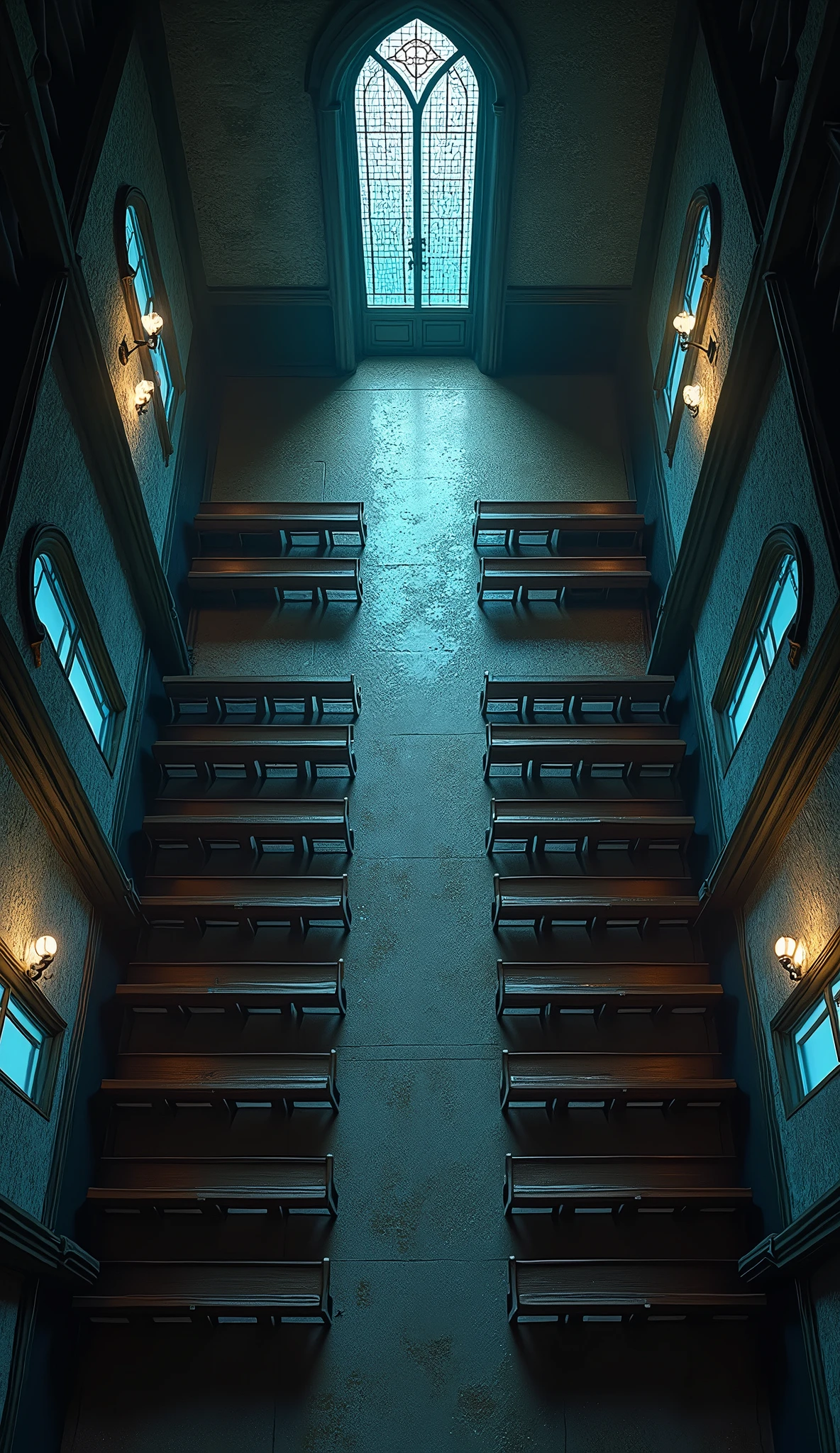 vampire the masquerade, map rpg, ((Map of the interior of a church, with a double door, with several empty church chairs.)), game art, birdseye straight top-down shot from a drone, battlemap, current modern theme, seen from above, role-playing game, empty location, nighttime environment, (with realistic proportions and textures, intricate details, handdrawn, vibrant, cinematic lighting, masterpiece, 8k:1.2)