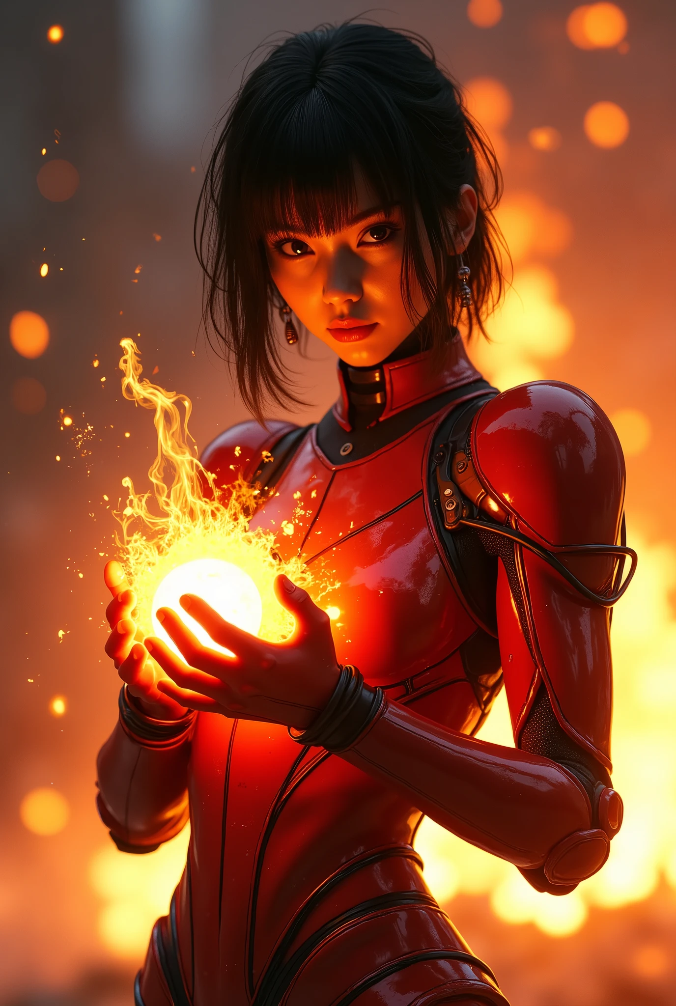 In this Armored Core-inspired masterpiece, a stunning woman dons ninja robot armor, her black hair styled with a hint of randomness amidst the fiery chaos. Her red and orange body glows like embers as she prepares for battle in a cowboy shot. Flames and ash engulf the background, with burning intensity rating 2.0. The woman's face, detailed to a high standard (1.3), is set with determination. Her hands, intricately rendered at level 1.8, cradle a ball of fiery energy as electronic armor parts glow. Flashy special move effects radiate with an equally impressive 2.0 intensity.
