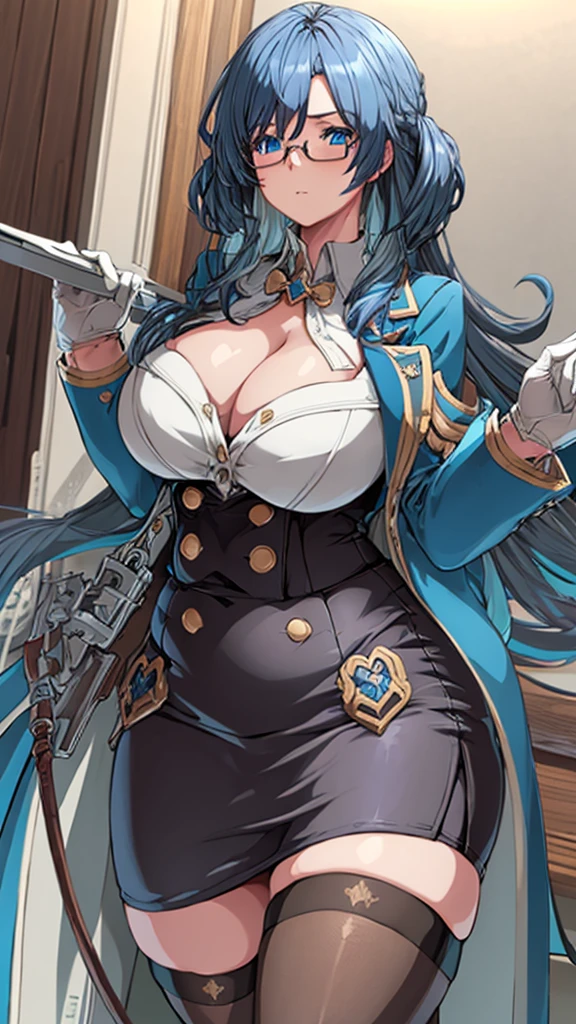High detailed, masterpiece, High detailed, 1 girl, solo, metallic-blue colored hair,, navy-blue eyes, glasses, busty, big breasts, firm plump body , BLUE jacket, white shirt, , deep cleavage, Juliet sleeves, pencil skirt, black thighhighs, white gloves, Very prideful expression