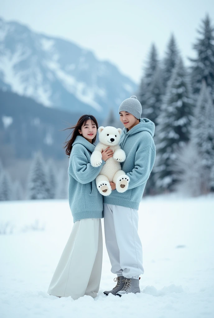 Beautiful pure white Korean woman, wearing a light blue knitted hoodie, white culottes, handsome clean white man, wearing a light blue hoodie, white jeans, beanie, boots, holding a white bear, next to a white bear, sitting on top snow, snow with snow field background, snow mountain, snow pine tree, real photo